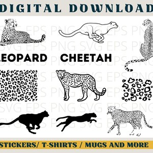 May include: Black and white digital download clip art set of a leopard, cheetah, and cheetah spots. The set includes a leopard lying down, a cheetah running, a cheetah sitting, a cheetah walking, and two different patterns of cheetah spots.