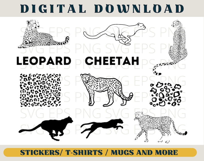 May include: Black and white digital download clip art set of a leopard, cheetah, and cheetah spots. The set includes a leopard lying down, a cheetah running, a cheetah sitting, a cheetah walking, and two different patterns of cheetah spots.