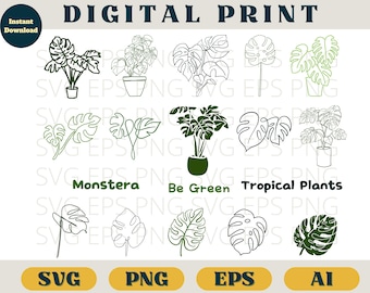グリーン モンステラ バンドル、モンステラ リーフ プリント、SVG EPS PNG AI、熱帯植物のクリップアート png、植物の葉のダウンロード、モンステラのシルエット、クリカット