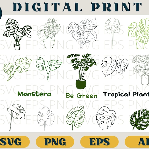 Green Monstera bundle, Monstera Leaf print, Svg Eps Png AI, Tropical plants clipart png, Plant leaves download, Monstera silhouette, cricut