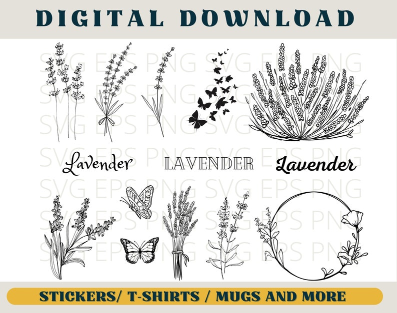 Peut inclure: Un ensemble d'illustrations num&eacute;riques en noir et blanc repr&eacute;sentant des fleurs de lavande et des papillons. Les illustrations comprennent une couronne, un bouquet de lavande et des brins de lavande individuels. Le texte "Lavender" appara&icirc;t trois fois dans l'image.