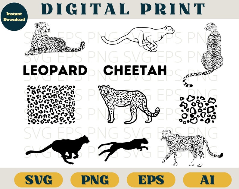 May include: Black and white digital print set featuring a leopard, cheetah, and cheetah spots. The set includes a leopard lying down, a cheetah running, a cheetah sitting, a cheetah standing, and two cheetah spot patterns.