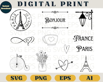 Romantic Paris France bundle, Vintage Paris bundle, Paris lover, Eiffel tower clipart, svg png eps ai, Romantic Paris svg cricut, Paris svg
