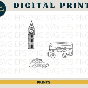 May include: Black and white line art illustrations of three London landmarks: Big Ben, a double-decker bus, and a black cab. The bus has the word "LONDON" on the side.