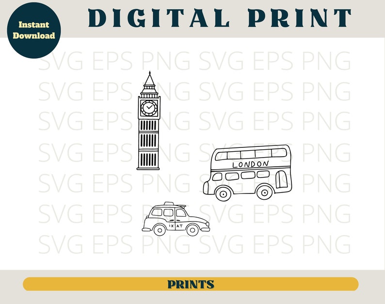 May include: Black and white line art illustrations of three London landmarks: Big Ben, a double-decker bus, and a black cab. The bus has the word "LONDON" on the side.