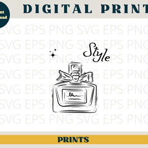 May include: Black and white line art illustration of a perfume bottle with a bow on the top. The text "Style" is written in cursive above the bottle.