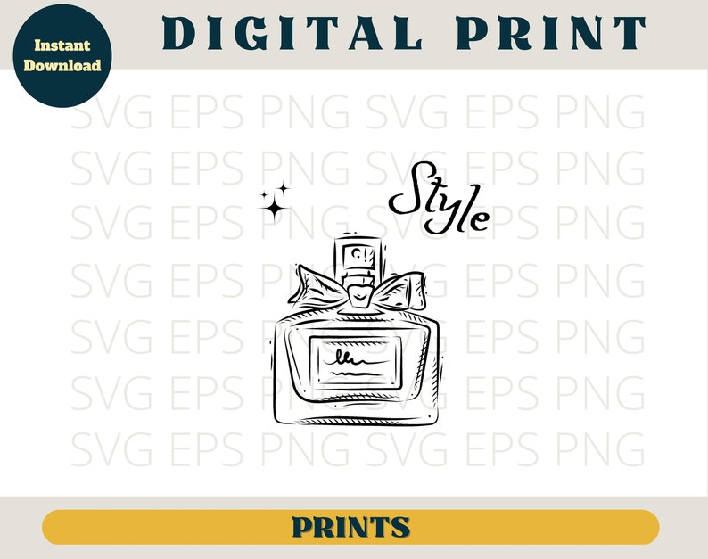 May include: Black and white line art illustration of a perfume bottle with a bow on the top. The text "Style" is written in cursive above the bottle.