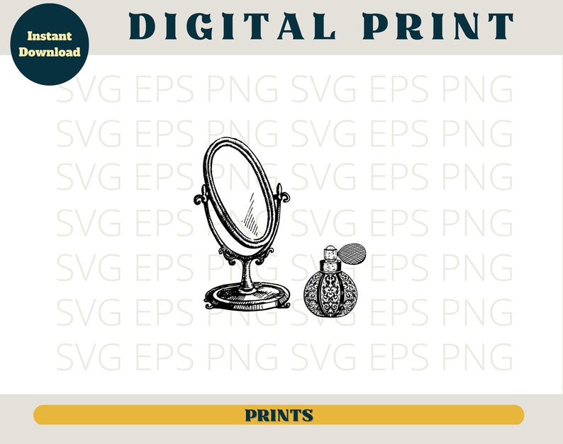 May include: A black and white line drawing of a vanity set with a hand mirror and a bottle of perfume. The mirror has a decorative stand and the perfume bottle has a detailed design.