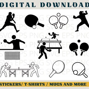 May include: A set of black and white table tennis or ping pong themed digital clipart images. The images include players, paddles, balls, and a table with a net. The images are suitable for use on stickers, t-shirts, mugs, and other items.