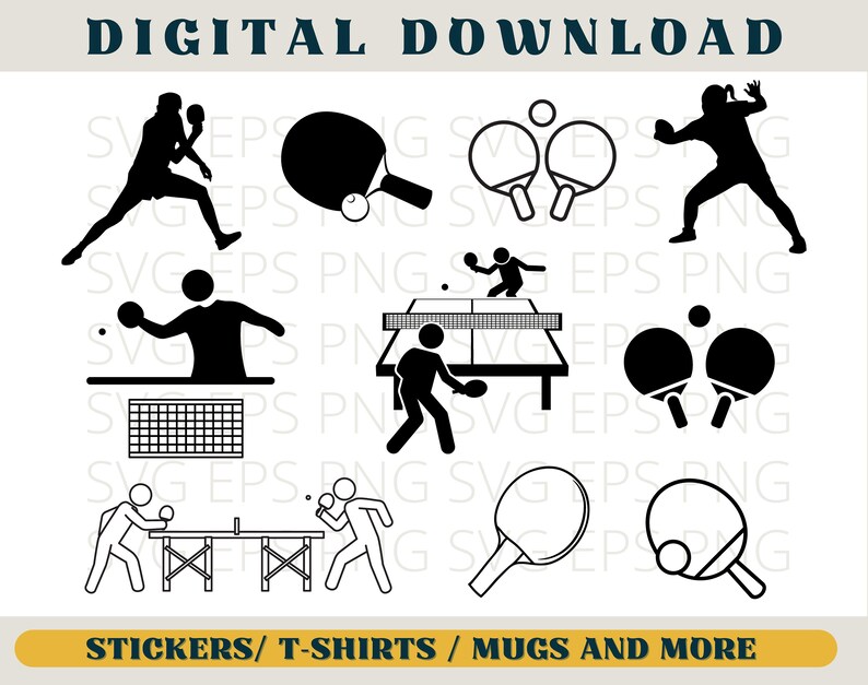 May include: A set of black and white table tennis or ping pong themed digital clipart images. The images include players, paddles, balls, and a table with a net. The images are suitable for use on stickers, t-shirts, mugs, and other items.