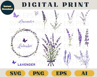 Lavender bundle | Vintage Lavender print | Svg Eps Png AI | Lavender botanic clip art png | Lavender SVG download | Purple Flowers romantic