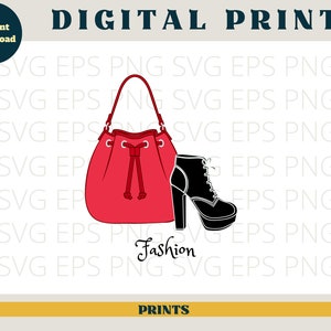 May include: A red bucket bag with a black heeled boot. The text "Fashion" is written in a cursive font below the bag and boot.
