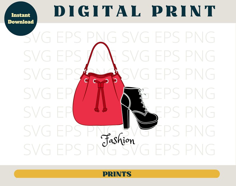 May include: A red bucket bag with a black heeled boot. The text "Fashion" is written in a cursive font below the bag and boot.