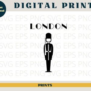 May include: Black and white silhouette of a London Beefeater guard with a tall, red, furry hat. The text "LONDON" is above the guard. The image is for a digital print.