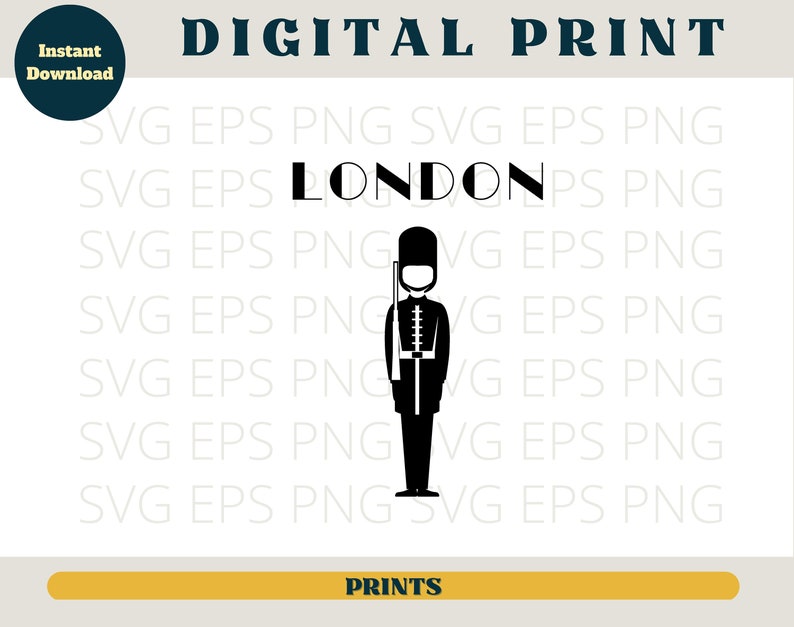May include: Black and white silhouette of a London Beefeater guard with a tall, red, furry hat. The text "LONDON" is above the guard. The image is for a digital print.