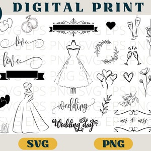 Wedding svg bundle, Wedding invitation svg bundle, Svg Png, wedding dress heart wreath love clipart, wedding sign, mr & mrs, cricut svg png