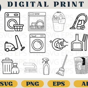 May include: A digital print featuring line art illustrations of cleaning and laundry icons. Includes a washing machine, dishwasher, vacuum cleaner, broom, spray bottle, and laundry basket. The text "DIGITAL PRINT" and "Instant Download" are at the top.