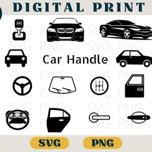 Könnte beinhalten: Ein Digitaldruck mit schwarzen Icons zum Thema Auto, darunter Autos, ein Lenkrad, ein Schalthebel und eine Autotür. Der Text "DIGITAL PRINT" und "Car Handle" sind ebenfalls vorhanden.