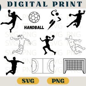 Könnte beinhalten: Digitaldruck mit Handball-Illustrationen. Enthält Silhouetten von Spielern, einen Handball, ein Spielfeld und ein Tor. Das Wort "HANDBALL" ist prominent dargestellt. Verfügbar in SVG- und PNG-Formaten.