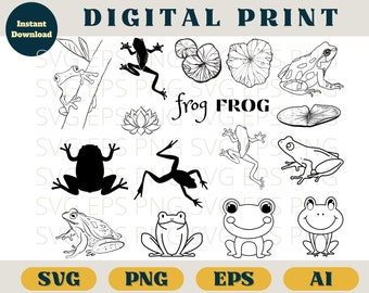 Frog bundle | Frog svg print | Svg Eps Png AI | Frog silhouette clip art | Frog SVG download | frog lotus leaf cricut clipart frog cut file