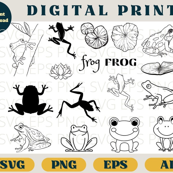 Frog bundle | Frog svg print | Svg Eps Png AI | Frog silhouette clip art | Frog SVG download | frog lotus leaf cricut clipart frog cut file