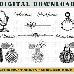 May include: A digital download set of vintage perfume bottle illustrations. The set includes a classic perfume bottle, a vintage perfume bottle with a bow, a perfume bottle with a floral design, and a perfume bottle with a tassel. The text "Vintage Perfume", "Classic", and "Fragrance" is included in the design.