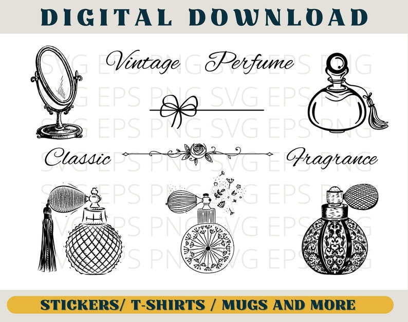 May include: A digital download set of vintage perfume bottle illustrations. The set includes a classic perfume bottle, a vintage perfume bottle with a bow, a perfume bottle with a floral design, and a perfume bottle with a tassel. The text "Vintage Perfume", "Classic", and "Fragrance" is included in the design.