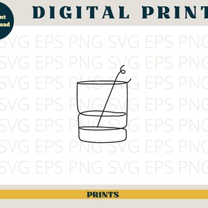 May include: A black and white line drawing of a glass with a straw. The glass is filled with liquid and has a simple design.