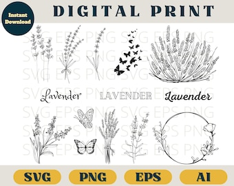 Lavender bundle, Lavender print, Svg Eps Png AI, Lavender wildflower clip art png, butterfly SVG download, Flowers romantic black white