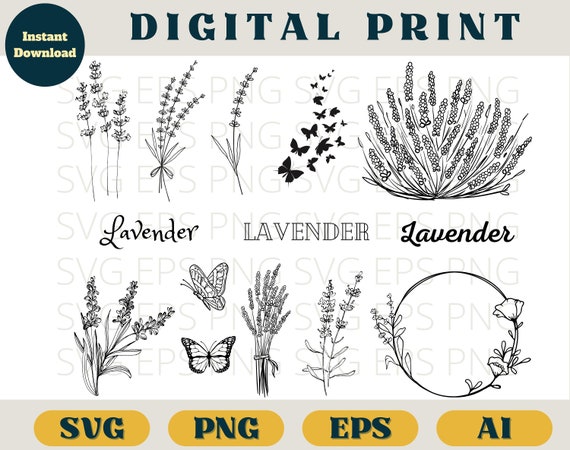 Lavender bundle, Lavender print, Svg Eps Png AI, Lavender wildflower clip art png, butterfly SVG download, Flowers romantic black white