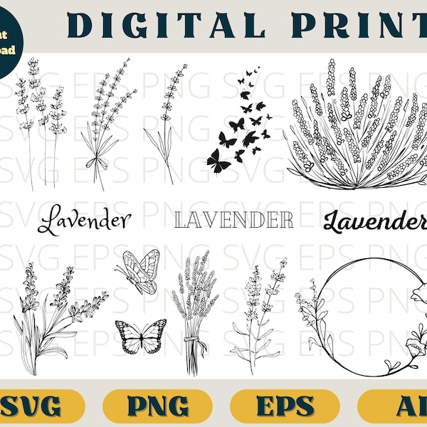 Lavendel Bundle, Lavendel Druck, Eps Png AI, Lavendel Wildblumen Clip Art png, Schmetterling SVG download, Blumen romantisch schwarz weiß