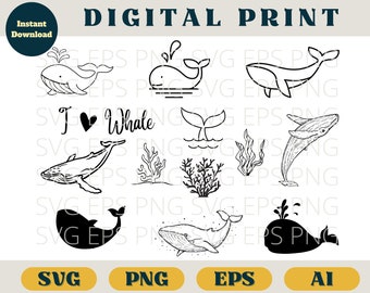 Whale bundle, Whale underwater plant clip art, Svg Eps Png Ai, Whale water animal clipart, whale bundle svg download, whales bundle cricut