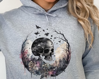 Sudadera con capucha de calavera para Halloween, Sudadera con capucha de esqueleto, Sudadera con capucha gótica bohemia con estampado floral de calavera para otoño, Regalo de Halloween con calaveras y flores para ella, Regalos para él