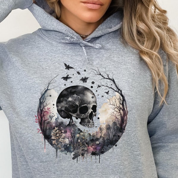 Skull Halloween Hoodie, Skeleton Hoodie, Floral Skull Boho Graphic Gothic Fall Hoodie, Skull Blooms Halloween Gift for Her, Gifts for Him