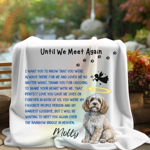 Peut inclure: Couverture blanche avec le texte "Until We Meet Again" et un poème sur un animal de compagnie. Comprend un dessin de chien, d'ange, d'empreintes de pattes et le nom "Molly".