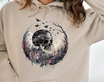 Sudadera con capucha de calavera para Halloween, Sudadera con capucha de esqueleto, Sudadera con capucha gótica bohemia con estampado floral de calavera para otoño, Regalo de Halloween con calaveras y flores para ella, Regalos para él