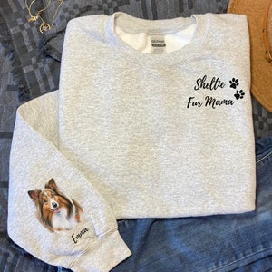 Sheltie Sweatshirt, Custom Shetland Sheepdog Crewneck, Personalized Dog Name on Sleeve, Dog Mom Shirt, Sheltie Dog Lover Gift For Her Friend