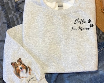 Sudadera Sheltie, sudadera de cuello redondo personalizada con nombre de perro pastor de Shetland en la manga, camiseta para mamá de perro, regalo para una amiga amante de los Sheltie