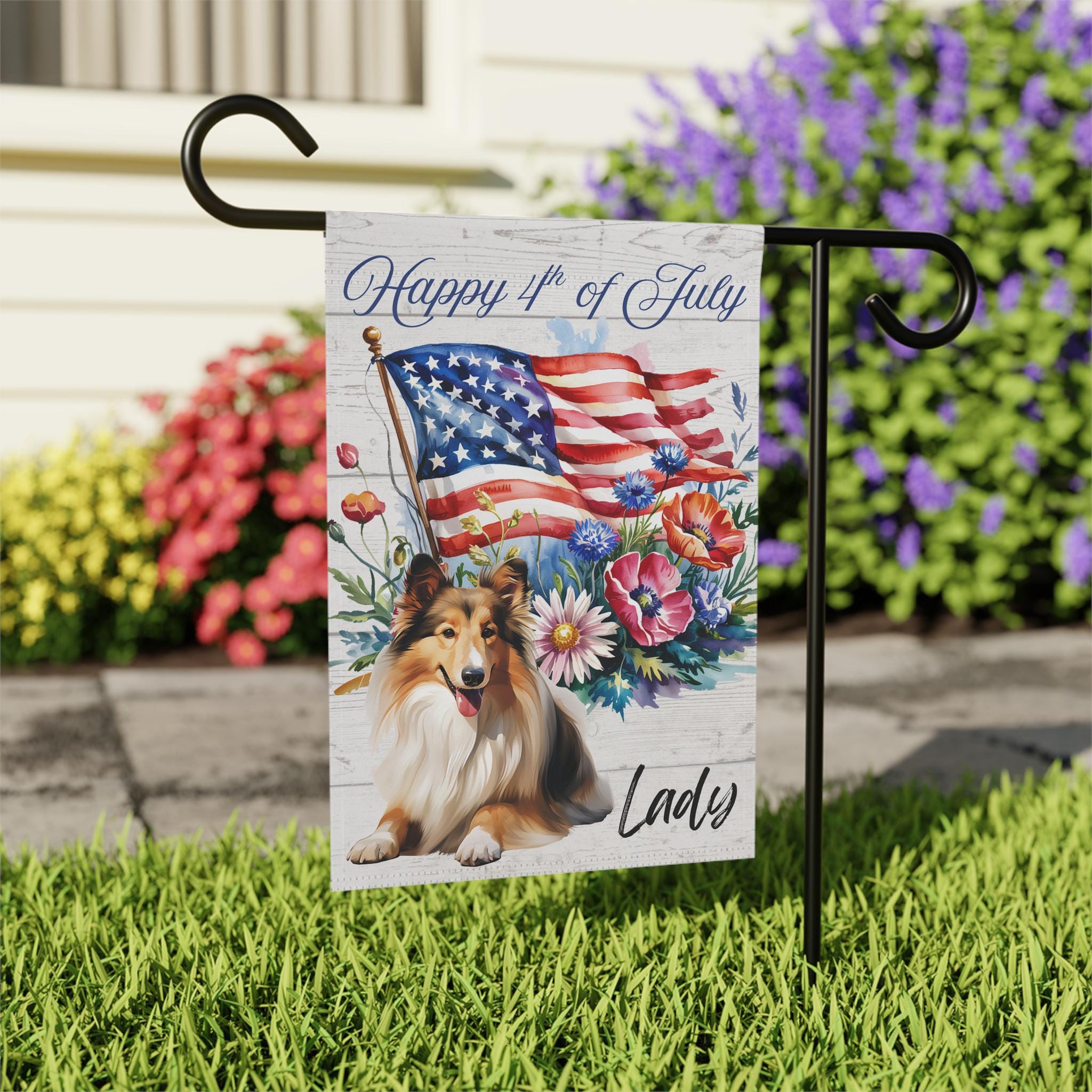 Shetland Sheepdog Personalized 4th of July Garden Flag, Custom Dog