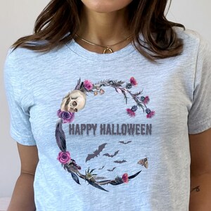 Halloween Tshirt, Skull Shirt, Floral Skull Womens Boho Gothic Core Graphic Tee Fall Shirt, Skull Bats Blooms Halloween T-Shirt Gift for Her