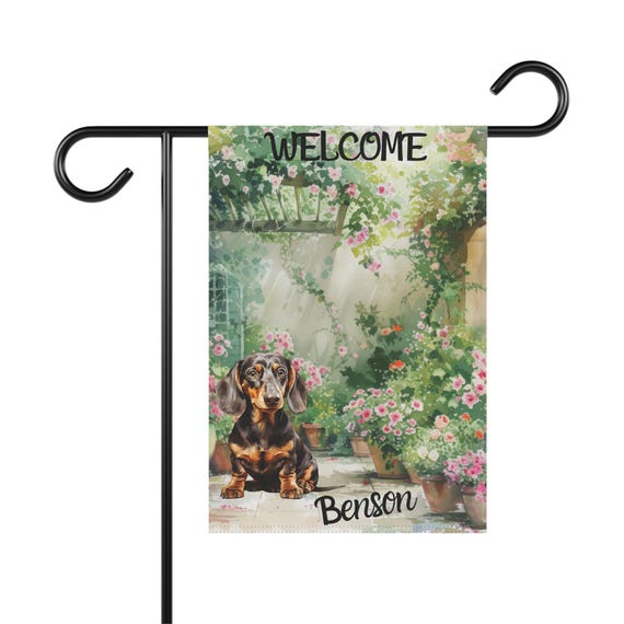 Dachshund In Tulips Pets Puppy Black Wiener Sausage Short Garden House Yard Flag
