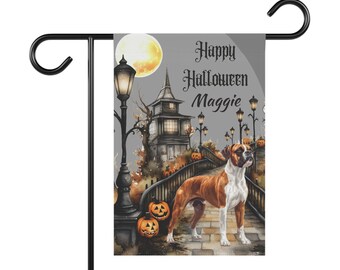 Boxer Hund Personalisierte Willkommen Halloween Garten Flagge, Benutzerdefinierte Hundename Yard Schild, Herbst Hund Banner Geschenk für Gotcha Day, Adoption, Housewarming