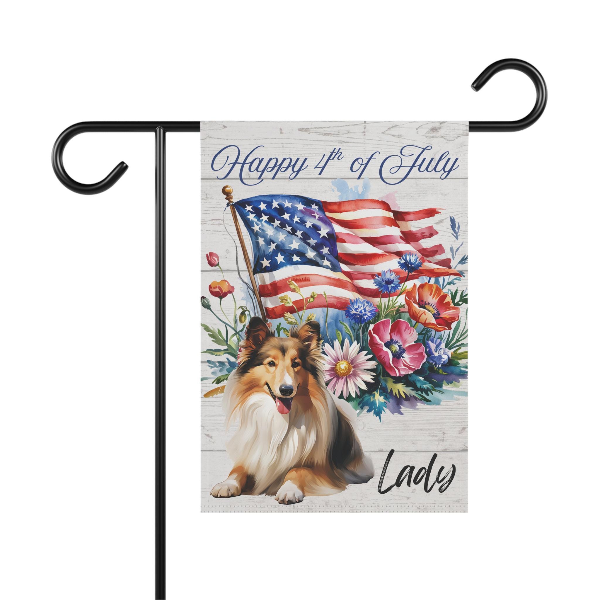Shetland Sheepdog Personalized 4th of July Garden Flag, Custom Dog