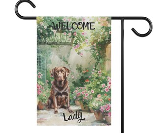 Chocolade labrador tuinvlag, gepersonaliseerde tuinvlag, hondenliefhebber moedercadeaus, bruin lab lente zomer welkomstbanner welkomstcadeau voor haar, oma