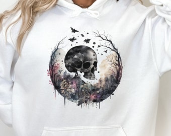 Sudadera con capucha de calavera para Halloween, Sudadera con capucha de esqueleto, Sudadera con capucha gótica bohemia con estampado floral de calavera para otoño, Regalo de Halloween con calaveras y flores para ella, Regalos para él
