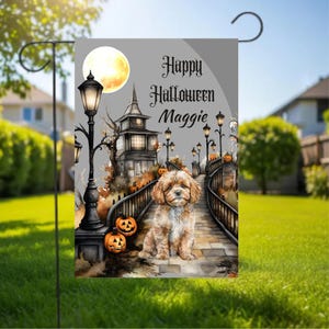 Cavapoo Personalized Halloween Garden Flag, Custom Dog Name Yard Sign, Fall Welcome Dog Banner Gift for Her, Fur Mom, Aunt, Sister, Neighbor