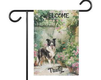 Border Collie Garden Flag, Personalized Name Yard Flag Gift, Border Collie Dog Lover Mom, Spring Summer Welcome Banner Gift for Her, Grandma