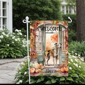 Greyhound Personalized Fall Garden Flag, Custom Dog Name Yard Sign, Autumn Welcome Greyhound Dog Banner Gifts for Her, Fur Mom, Aunt, Sister