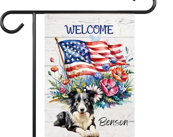 Border Collie 4th of July Memorial Day Flag, Custom Dog Name, Border Collie Independence Day Welcome Garden, Gifts for Mom, Grandma, Aunt
