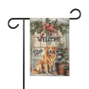 Bandeira de boas-vindas de Natal personalizada para jardim Golden Retriever, placa de quintal com nome de cachorro personalizado, presentes de Natal para cães no Dia da Adoção, adoção, inauguração de casa